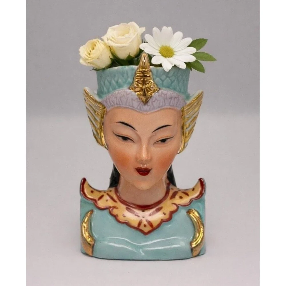 Vintage Asian Lady Head Mini Vase Celadon Jade Gold Japan Mid Century Japan 1950